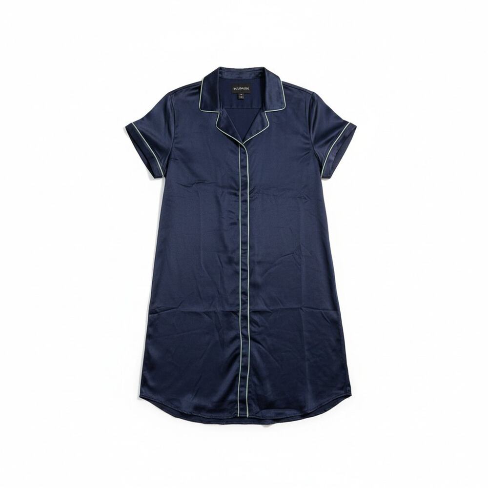 Wildfang The Empower Satin Shirt Dress Navy Blue Green Contrast Trim Medium Mod - Picture 1 of 11